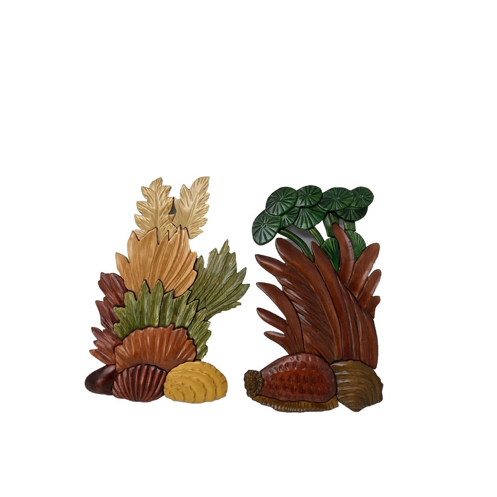 VTG Carved Wooden Tropical Botanical Wall Art Bohemian Decor Lot Of Two 11"